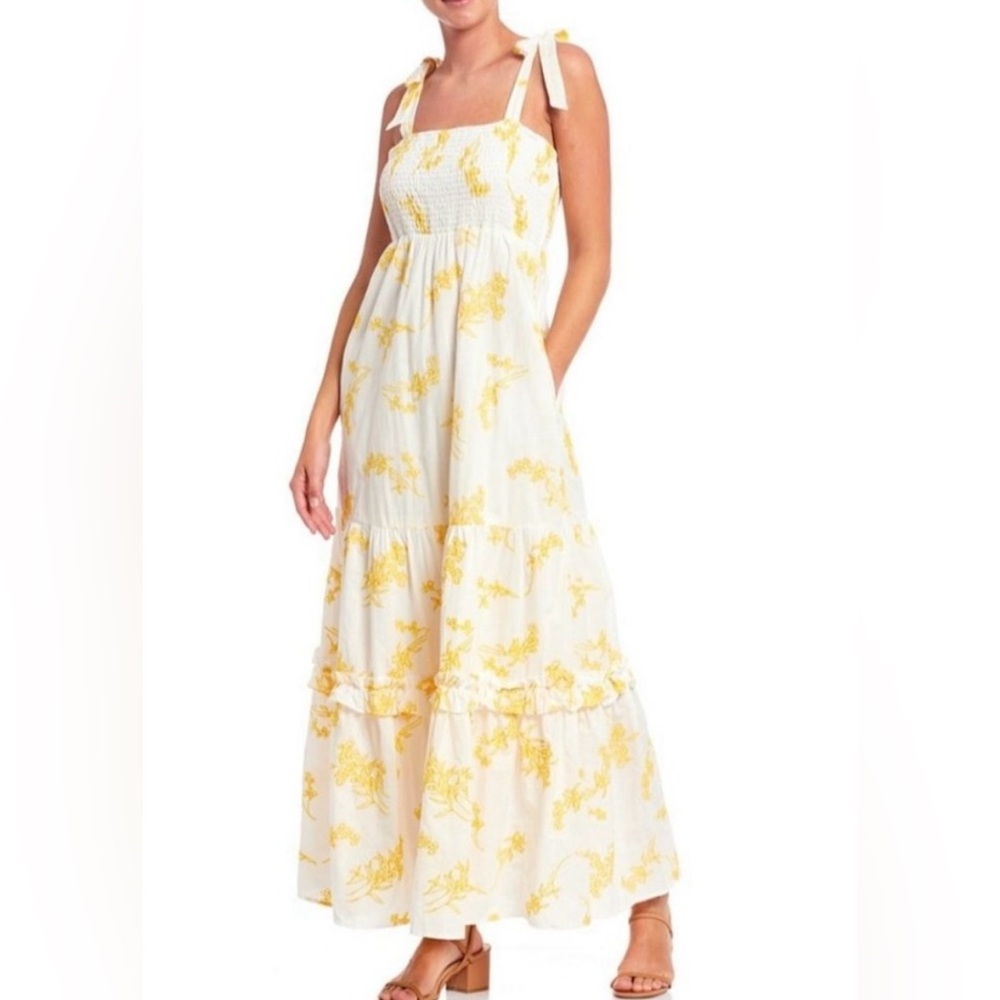 A Loves A women's tiered smocked maxi dress with yellow floral embroidery Large